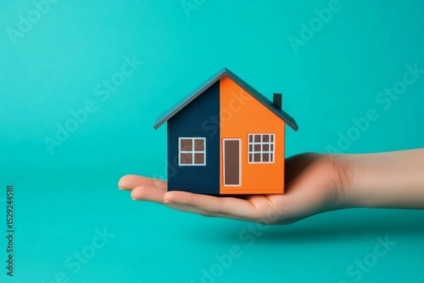 Obraz 
A beautifully crafted small house model with a unique dual color, symbolizing property, homeownership, and real estate