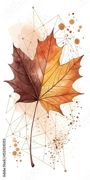 Fototapeta Watercolor Autumn Maple Leaf with Geometric Lines