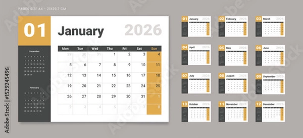 Fototapeta Set of 12 Pages Monthly Calendar Planner Templates on 2026 year. Vector mockup of a wall or desktop calendar with the week starting on Monday for printing. Page for size A4 -21x29.7 cm
