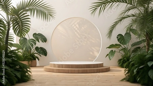 Fototapeta Minimal 3D Product Stage with Wooden Podium and Circular White Background