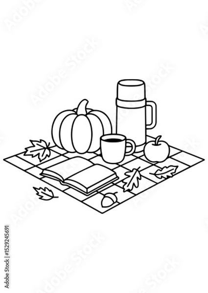 Fototapeta Cozy autumn black and white scene with plaid blanket, open book, tea cup, thermos, pumpkin, apple, and fall leaves. Perfect for engraving and prints