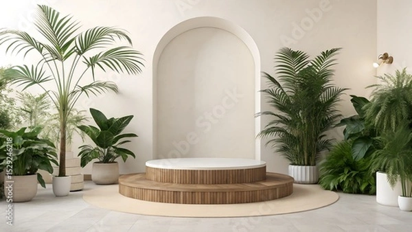 Fototapeta Modern Product Podium in Neutral Space with Arch Niche and Tropical Plants