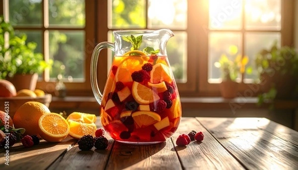 Fototapeta Fresh fruit sangria in a glass pitcher on a wooden table in sunlight