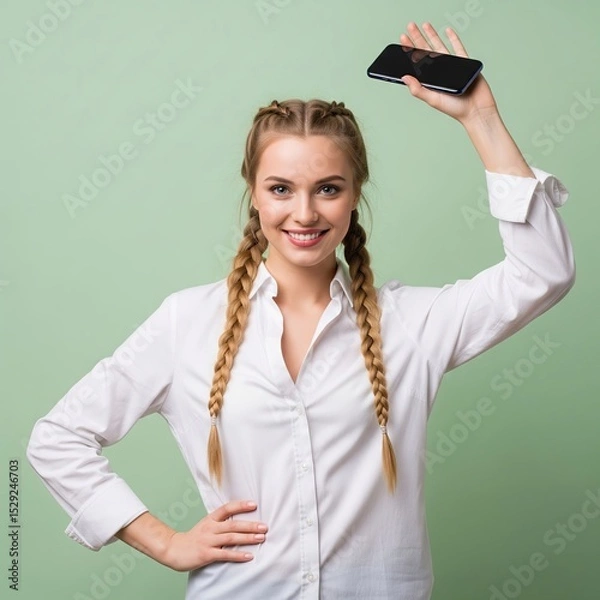 Fototapeta Radiant youth displaying modern tech. This image is suitable for social media, tech ads, lifestyle blogs, or articles on communication and contemporary trends.