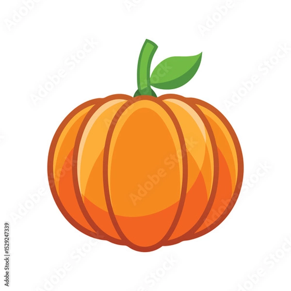 Fototapeta Simple flat design orange pumpkin with green stem and leaf isolated on white