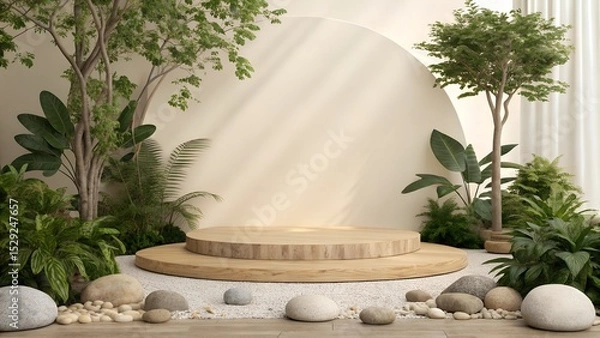 Fototapeta Serene Nature Product Stage with Wooden Podium, Greenery, and Zen Pebbles