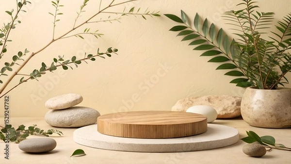 Fototapeta Flat Lay Wood and Stone Product Podium Mockup with Natural Greenery