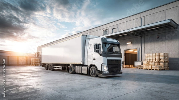 Obraz Cargo truck parked for loading with goods against a cloudy blue sky in an industrial warehouse setting