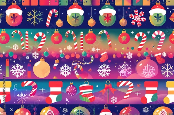 Obraz Colorful Seamless Christmas Pattern with Snowflakes, Bells, Ornaments and Candy Canes Generative AI