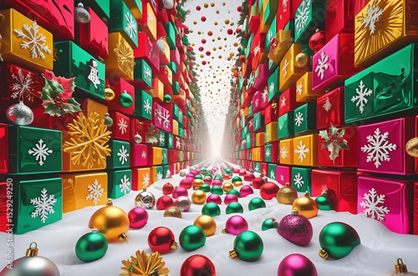 Obraz Colorful Christmas Ornaments Background with Festive Baubles and Snowflakes Generative AI