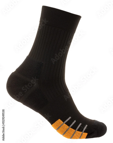 Fototapeta A single black athletic sock designed for comfort and durability with reinforced heel and toe, featuring orange accent on the cushioned sole