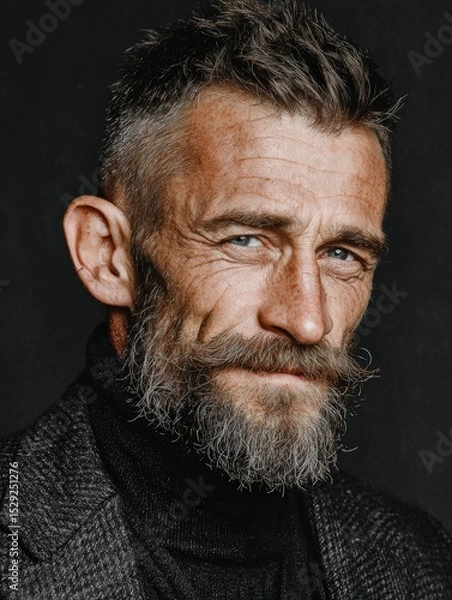 Fototapeta Portrait of a Handsome Man with a Well-Groomed Beard on Dark Background – Stylish Male Model with Facial Hair, Copy Space