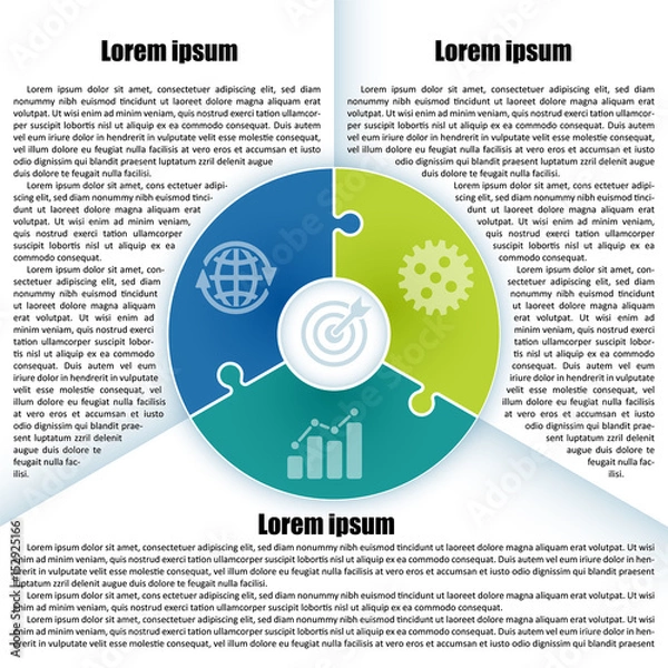 Fototapeta Sheet with infographic template with place for description. 3 colorful parts of the chart  with icon and  puzzle element. For presentation and design concept. Vector illustration.