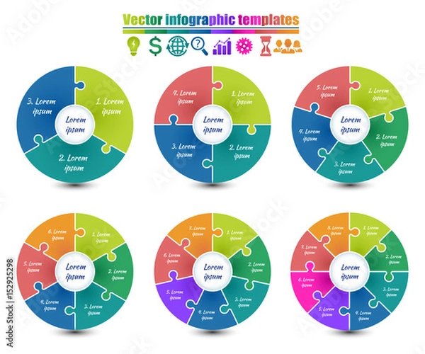 Fototapeta Set of circle infographic templates 3-8 steps same style. Colorful parts of the chart  with puzzle elements. For presentation and design concept. Vector illustration.