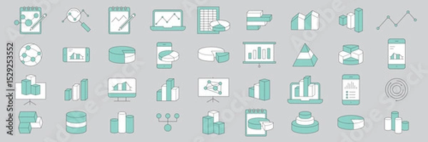 Fototapeta Analysis, Statistics line icons. Chart, Report and Service signs. Data and Presentation symbols.