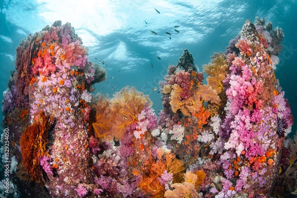 Fototapeta Colorful underwater landscape of Talang Pinnacle or Stonehenge, the most popular dive site for scuba diving in the area of Lipe island, Tarutao National Park in Satun Province, Thailand.