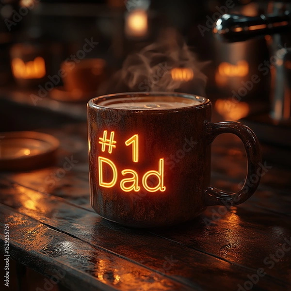 Fototapeta An illuminated mug with the text "Dad" on it, sitting in front of a steaming cup of coffee. The background is cozy, creating a warm atmosphere. 