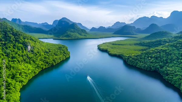 Obraz aerial view mangrove forest and mountain peak of Phang nga bay, Thailand