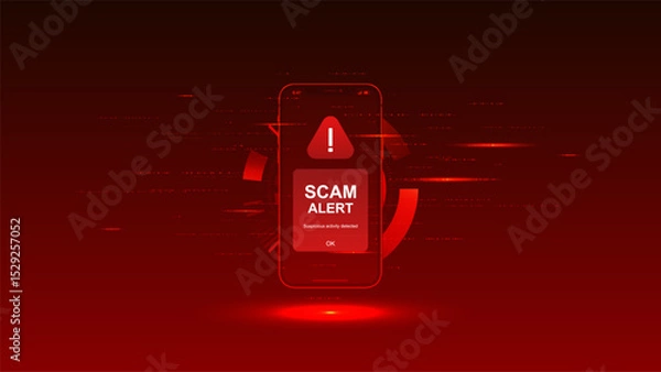Fototapeta Smartphone scam alert vector with hacker phishing fraud and mobile phone malware cybercrime virus.