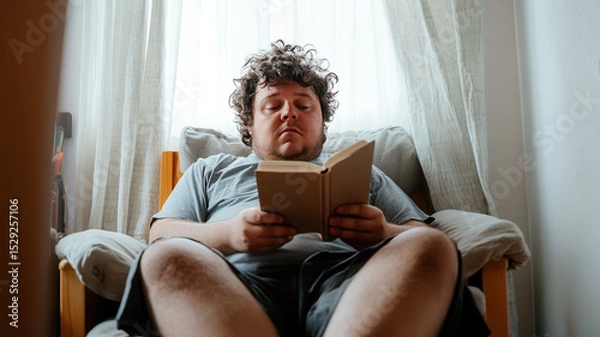 Fototapeta Young caucasian male relaxing on a chair while reading a book, engaged in leisure activity in a cozy room with soft lighting and curtains. Overweight teen boy
