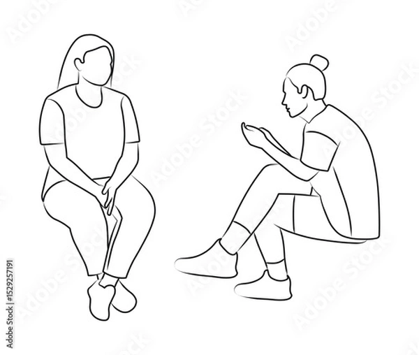 Fototapeta Work of a psychologist and a client with gadget addiction, sketch of seated female silhouettes