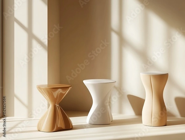 Obraz Soft light geometric setup with abstract pedestals in tan and white for product