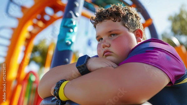 Fototapeta Caucasian young boy wearing a smartwatch and colorful shirt appears thoughtful at a vibrant playground on a sunny day. Overweight teen boy