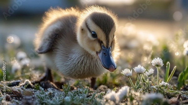 Obraz Duckling Walking Among Dewy Flowers in Morning Light