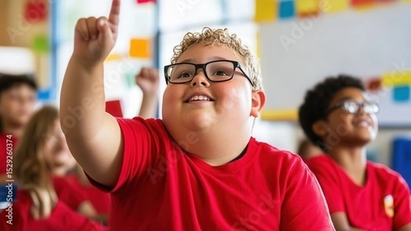 Fototapeta Enthusiastic young caucasian boy wearing glasses raising hand in colorful classroom with diverse peers engaged in learning activity. Overweight teen boy