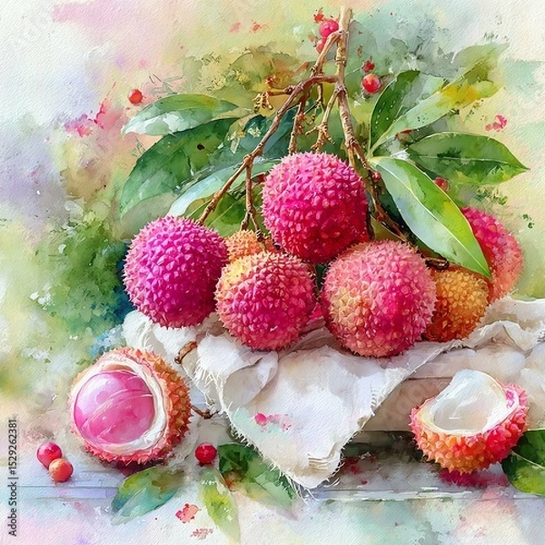 Fototapeta Colorful lychee fruits beautifully presented on a soft cloth.