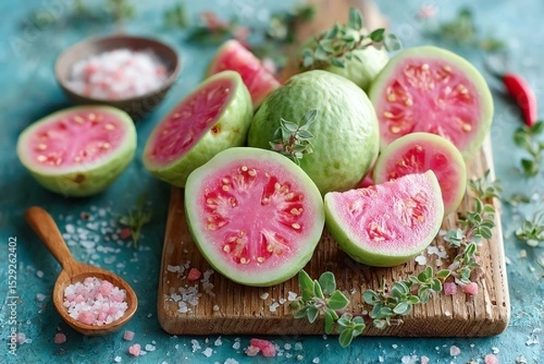 Fototapeta Fresh guava slices with herbs on a wooden cutting board.