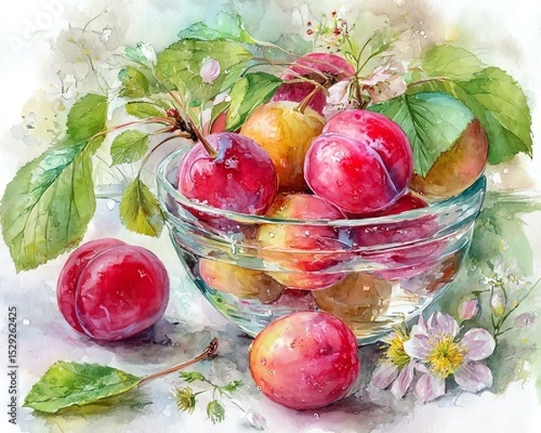 Fototapeta Fresh plums in a clear bowl with delicate blossoms and leaves.