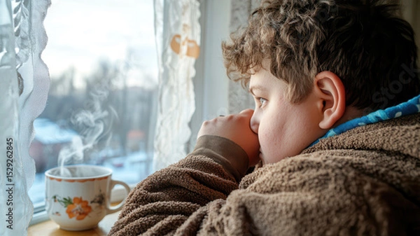 Fototapeta Young caucasian boy gazes out of a frosty window with curiosity as steam rises from a mug, capturing the warmth and coziness of winter indoors. Overweight teen boy