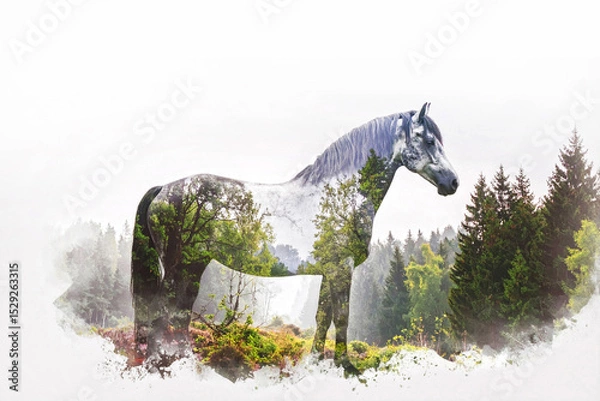 Fototapeta 森と馬の多重露光イメージ,Generative AI,AI画像
