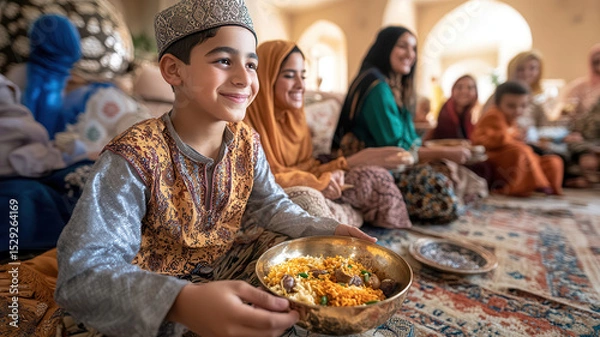 Fototapeta Young middle eastern boy enjoying traditional meal in festive gathering with family, featuring vibrant cultural attire and lively atmosphere