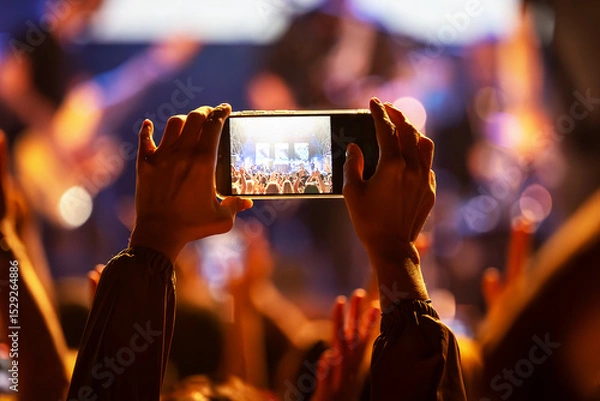 Fototapeta The audience records videos and takes photos with their smartphones during the concert of the musical band that performs on stage.
