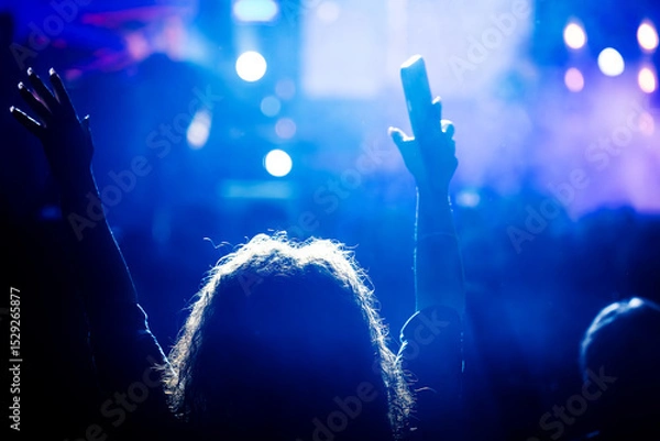 Fototapeta The audience gets excited and cheers with their arms raised during the concert of the musical band that performs on stage.