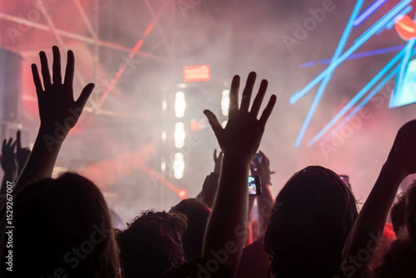 Fototapeta The audience gets excited and cheers with their arms raised during the concert of the musical band that performs on stage.