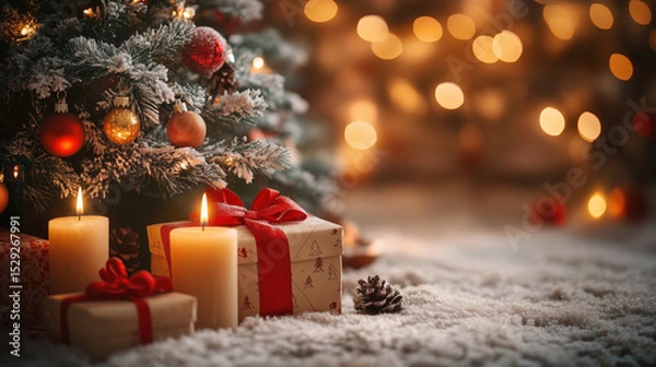 Fototapeta Christmas tree with glowing candles, red and gold baubles, and wrapped gifts resting on snowy carpet in warm festive lighting. Cozy and magical holiday atmosphere.
