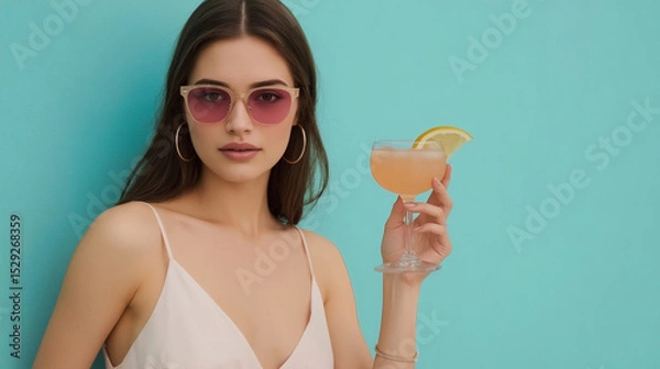 Obraz A beautiful stylish brunette in sunglasses and with a cocktail in her hand. The girl is standing in a delicate pink dress on a turquoise background. The atmosphere of summer rest and relaxation.