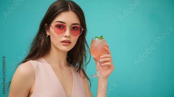 Obraz A beautiful stylish brunette in sunglasses and with a cocktail in her hand. The girl is standing in a delicate pink dress on a turquoise background. The atmosphere of summer rest and relaxation.
