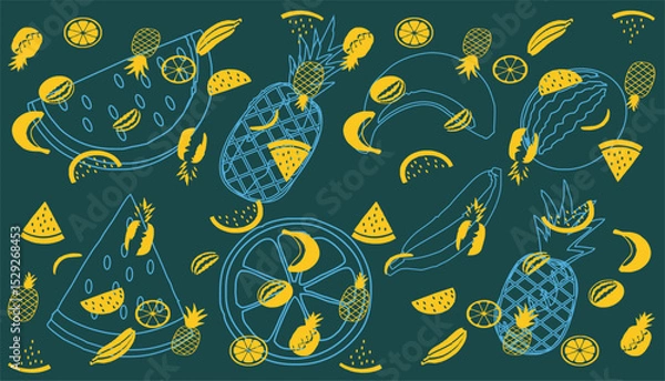 Fototapeta Seamless pattern of watermelon, pineapple, and tropical fruits – flat vector
