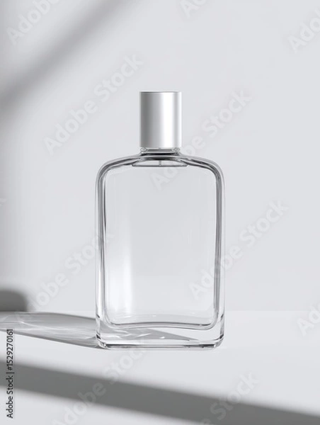 Fototapeta Minimalist clear glass bottle with silver cap casting a soft shadow on a white surface