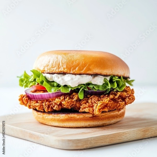 Fototapeta Crispy Chicken Burger on Wood Board Lettuce, Tomato and Onion Stacked High, Food Photography, Burger, Chicken sandwich