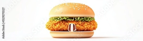Fototapeta Crispy Chicken Burger, lettuce and sesame seed bun on white background, fastfood, burger