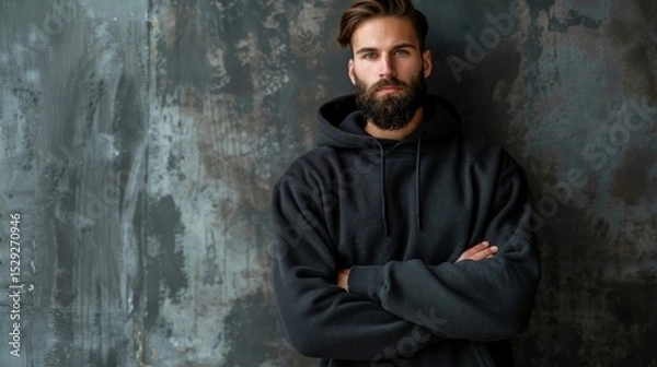 Fototapeta A stylish man with a beard poses confidently in a dark hoodie against an artistic textured background, embodying modern masculinity and fashion sensibility.