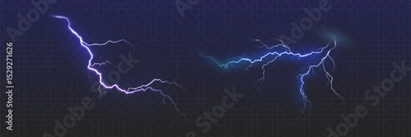 Fototapeta Set of the isolated realistic lightnings with transparency for design. Thunder-storm and lightnings. Magic and bright lighting effects. Natural effects