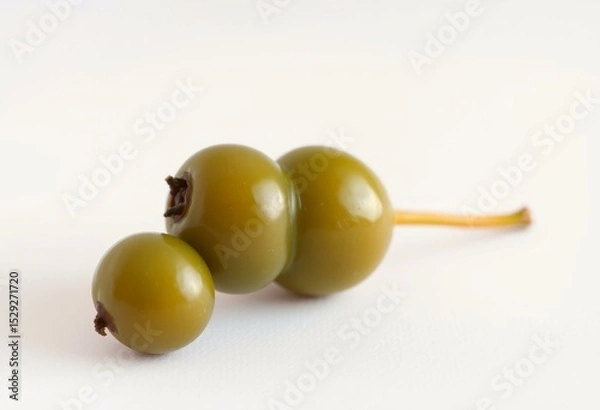 Obraz A single, plump caper berry with its long stem, sitting on a simple, white surface
