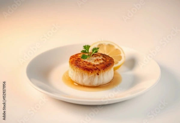 Obraz Single seared sea scallop on white plate with golden lighting