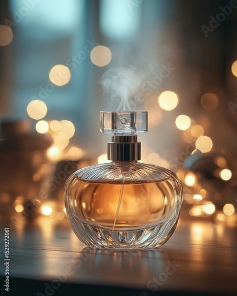 Obraz Elegant perfume bottle with vapor cozy indoor setting still life photography soft lighting captivating aroma